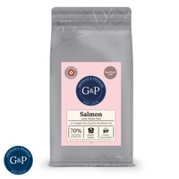 Packaging of Growler and Prowler's salmon with white fish cat food, showcasing natural ingredients and Manchester-based branding from their dog treats range.